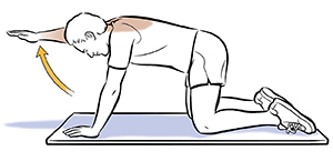 Man on all fours with right arm lifted up doing reach and hold exercise. 